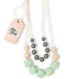 Fox and Finn 'Isabella' Silicone Teething Necklace for Babies | Safety Knotted Silk Rope | Does Not Pull Hair Out | 14 Inch Drop (mint + smoke + latte)