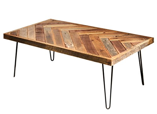 Barn wood herringbone coffee table with metal hairpin legs