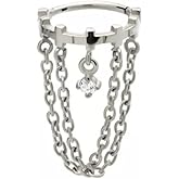Pierced Owl 16GA 316L Stainless Steel Cross Lined with Double Dangling Chains and Gem Hinged Segment Clicker Ring