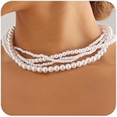 Octwine Boho Round Imitation Pearl Layered Choker Necklace Multi Strands Vintage Choker 1920s Bridal Wedding Crystal Rhinestones Necklace for Women (4 Tier Silver)