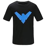 Justice League Batman Nightwing Logo T Shirt Short Sleeve With The Dick Grayson Symbol - Black and Blue DC Comics Superhero Apparel For Men - Made Of Soft Cotton and Polyester (Black, XXL)