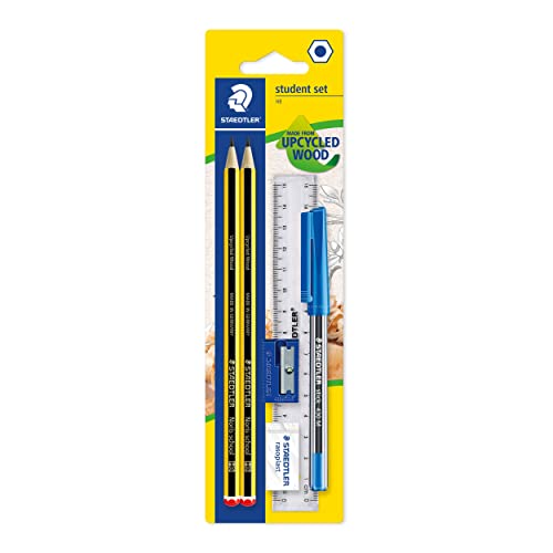 STAEDTLER 121SET BKD Noris School Graphit HB Bleistift Student Schreibwaren Set (2 Stueck Bleistifte, blauer Stift, Lineal, Radiergummi + Spitzer), Schwarz