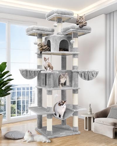 Globlazer Scratching Post Large High 204 cm with 3 Padded Perches, 2 Cat House, 2 Baskets, Hammock, Luxury Cat Tree, Stable for 3-5 Adults, Cat, Rest, Play, Scratching Indoor (F80, Light Grey)