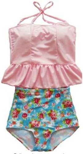 Swimsuit Viva Rose 2pcs High Waisted Stripe Figure-shaping Women's Swimwear (L (US 12-14), Pink+Floral)