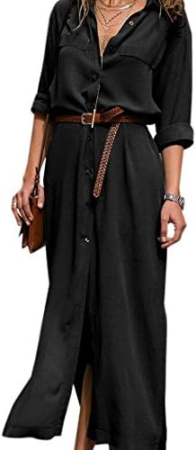 Uokoki Deep V Solid Women Maxi Dress Girl Autumn Split Lace up Long Sleeve Dress