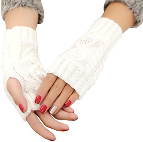 Women's Crochet Fingerless Gloves Hand Knit Fleece Winter Arm Warmers (White)