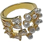 yuruyi Elegant Rings for Women, Expandable Unique Design Band with Cubic Zirconia and Pearl, Kunckle Rings Statement Adjustbale Engagement Bands for Women