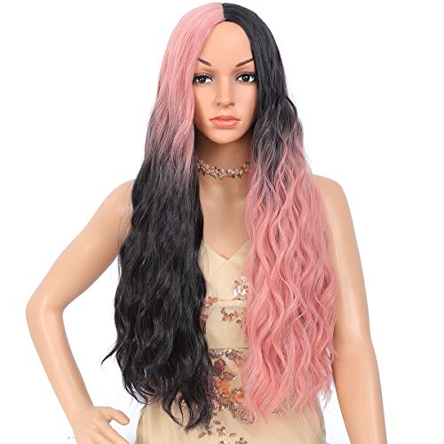 Amchoice Ombre Black and Pink Cosplay Wig for Women Long Curly Wavy Hair Wig Heat Resistant Synthetic Middle Part Wig for Daily Party Halloween 26 Inch