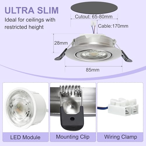 Aulaiyi LED Recessed Spotlight 230 V Dimmable 68 mm 5.5 W IP44 LED Spotlights Ultra Flat Ceiling Spotlights 45° Swivelling Recessed Lights 3000 K / 4000 K / 6000 K Spotlights Ceiling Light for