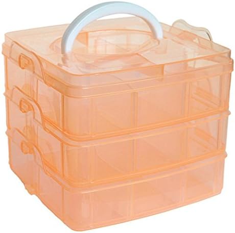 3-Tier Transparent Stackable Adjustable Compartment Slot Plastic Craft Storage Box Organizer Snap-Lock Tray Container 3 Sizes 4 Candy Colors Available (Medium 18 Compartment, Orange)