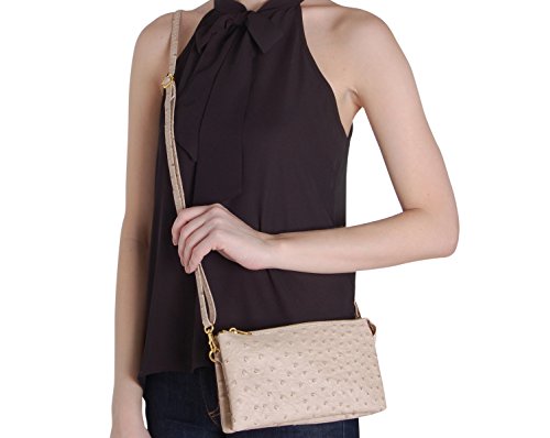 Humble Chic Vegan Leather Faux Ostrich Wristlet - Textured Dot Convertible Wallet Crossbody Bag Clutch Purse with Shoulder Strap, Tan Ostrich, Nude, Beige - Thumbnail 2