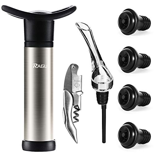 RAGU 4-in-1 Vacuum Wine Stoppers Set with Wine Saver Pump, Wine Opener, Wine Aerator and 4 Beverage Air Bottle Stoppers