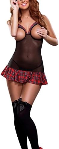 Hunzed Women Girl Sexy Cute Lingerie, Open Cup Crotchless Uniform Nightdress Bodysuit Mini Skirt Underwear (XL, Black)