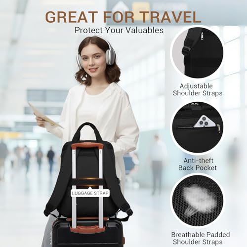Kono Laptop Backpack for 15.6 Inch Women, Large Capacity, Waterproof with Bottle Pocket, Ideal for Work, University, Travel (Black)