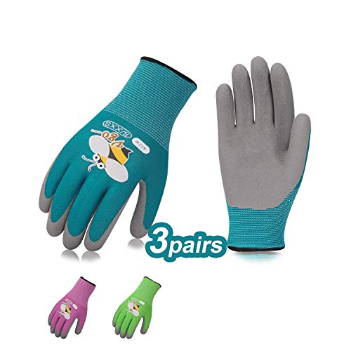 Vgo 3Pairs Age 5-7 Kids Gardening,Lawning,Working Gloves,Foam Rubber Coated(Size XXS,3 Colors,KID-RB6013)