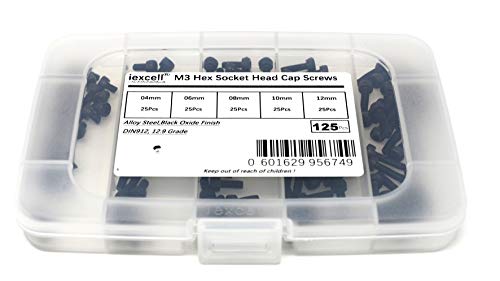 iExcell 125 Pcs M3 x 4mm/6mm/8mm/10mm/12mm 12.9 Grade Alloy Steel Hex Socket Head Cap Screws Kit, Black Oxide Finish