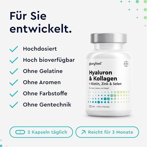 Hyaluronsäure + Kollagen 180 Kapseln - mit Biotin, Vitamin C, Zink, Selen & Silizium - für Haut, Haare, Nägel* - laborgeprüft & in Deutschland entwickelt