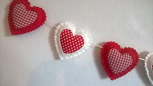 Red and White Felt Gingham and Polka Dot/Spot Love Hearts Wall Hanging Decoration, Home Decorations, Bedroom, Christmas, Valentines, Decorative Felt Fabric Garland Bunting Decor