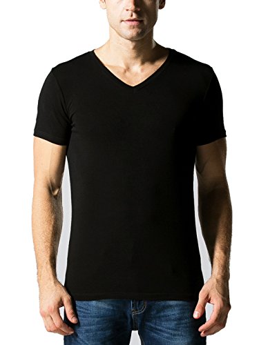 Liang Rou Men's Mini-Ribbed Stretch V-Neck T-Shirts Black L