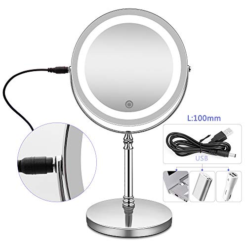 LED Lighted Makeup Mirror,Vanity Mirror with Touch Screen,10X Magnification Spot Mirror, Countertop Cosmetic Mirror,Adjustable Brightness,Double Sided,Polished Chrome - Thumbnail 4