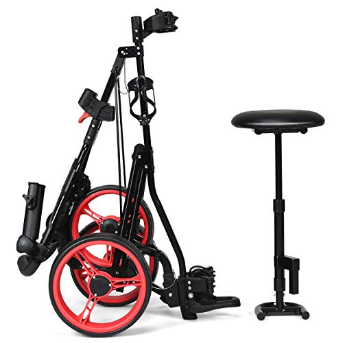 Red 3-Wheel Foldable Push Pull Club Trolley Golf Cart Bag Scoreboard w/Seat with Ebook - Thumbnail 3