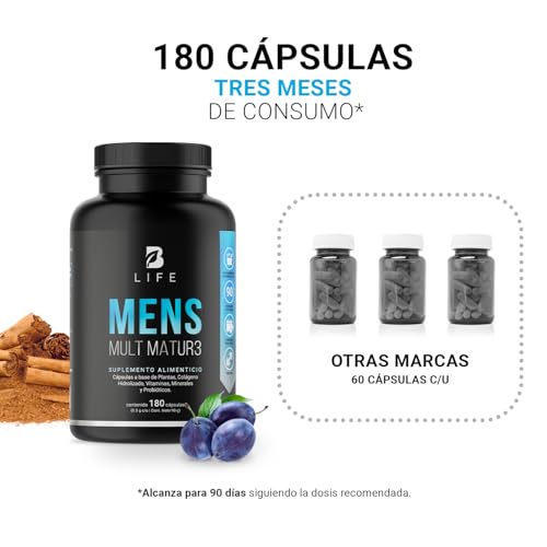 B Life Multivitamínico para Hombre 40+ | 180 Cápsulas con Vitaminas A, C, D, E y más Potenciadas con Calcio, Colágeno, Creatina y Probióticos para Vitalidad y Energía.