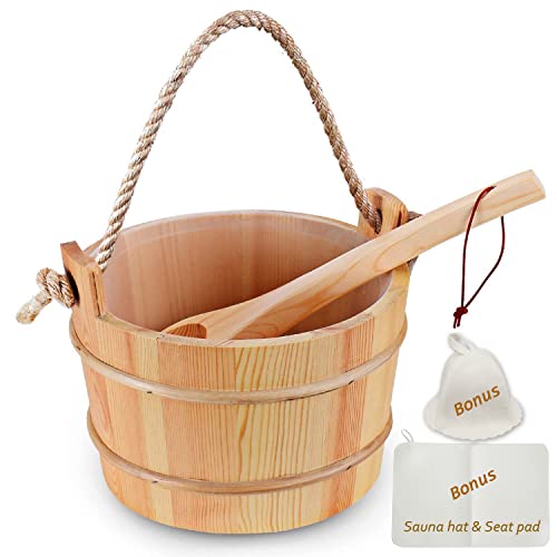 Bestnewie Finnish Pine Wood Sauna Bucket with Ladle Handmade Wooden