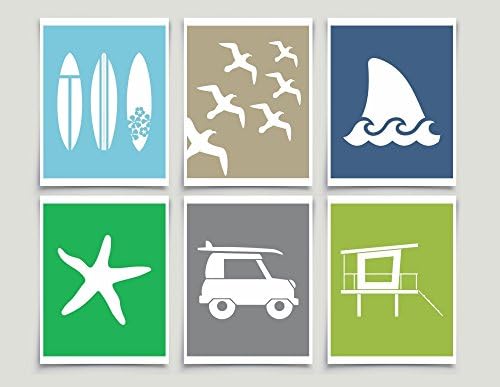 Surfing Beach Theme Art Surfboards Starfish Shark Unframed Prints (Set of 6)
