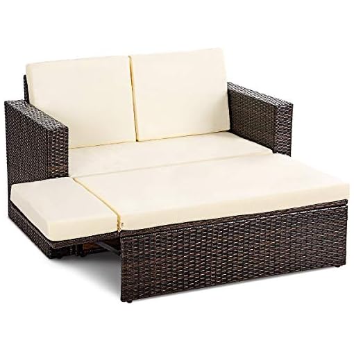 Tangkula 2 Pcs Loveseat Outdoor Patio Wicker Rattan Love Seat Sofa Daybed Set Garden Furniture W White Cushions Beachfront Decor