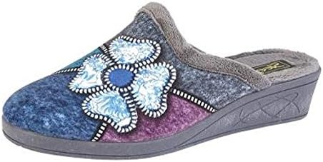 WOMENS WEDGE MULE SLIPPERS OUTDOOR SOLE SIZE 3 - 8 GREY BLUE MULTI