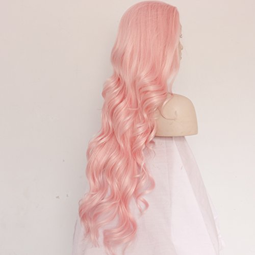 Ebingoo Handmade Women Synthetic Lace Front Wig Heat Resistant Natural Long Wavy Fiber Hair Pink Color (24inches)