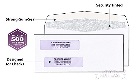 500 Envelopes for Busines Checks, Double Window For Addresses, Inner Pattern for Security Mailing ~Quickbooks Checks Fits Perfect~ Computer Printed Checks Envelope, Gummed Seal -Box of 500-