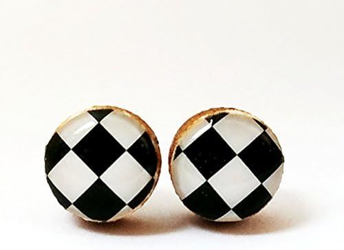 Black and white checkered print wood stud earrings 8mm