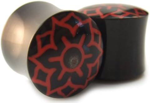 Pair of 00g 10mm Organic Horn Saddle Plugs with Red Lotus Inlay ~ Double Flared Gauges