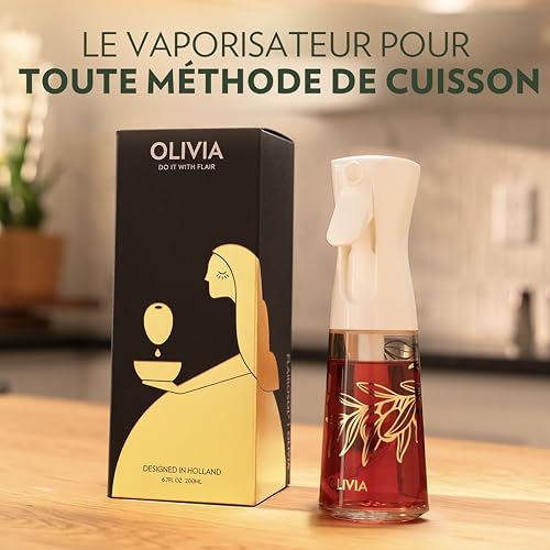 FLAIROSOL OLIVIA Glass Oil Spray Bottle 200ml - Continuous Spray Technology with Portion Control - Versatile for Kitchen, Salads, Barbecues, Vuisson, etc (Golden Leaves)