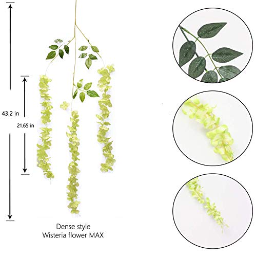 12pcs Artificial Wisteria Flowers 3.6 Feet/Piece Green Artificial Fake Wisteria Vine Ratta Hanging Garland Silk Flowers String Home Party Wedding Decor（Green-Dense）