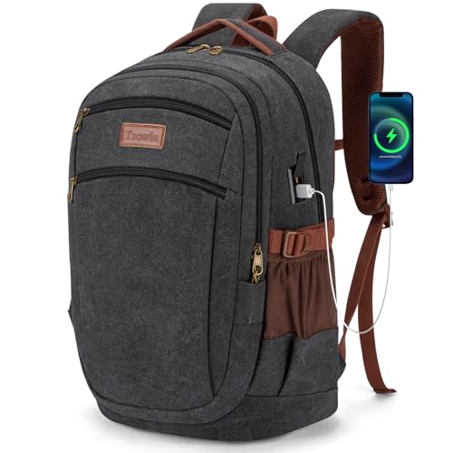 41JVfZAhlKL Tzowla Vintage Canvas Laptop-Rucksack Für Männer Und Frauen, College-Reise-Arbeits-Rucksack Mit Usb/Type-C-Ladeanschluss, Wandern Casual Daypack Rucksäcke Fit 15.6&Quot; Notebook (Schwarz)