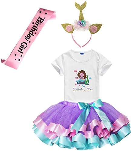 Girls Tutu Skirts Dress Cute Mermaid Birthday Girl Tshirt, Headband, Satin Sash