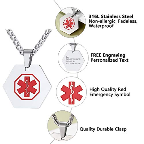 Supcare Custom Medical Alert ID Tag Necklace Jewelry Stainless Steel for Women/Men/Kids, Medical Emergency Identification Dog Tag Necklace Jewelry