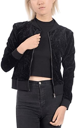 Guilty Embossed Velour Bomber w/ Front Zipper Closure and Cuffed Sleeves and Hem (Black, XL)