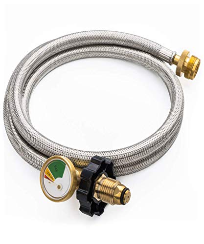 SHINESTAR 5FT Upgraded Braided Propane Hose with Gauge, Converts Propane Stove, Tabletop Grill and More 1lb Portable Appliance to 5-100lb Tank
