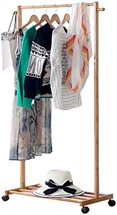 limam Bamboo Garment Laundry Rack with 1-tier Shoe Clothes Storage Shelves Movable Single Rod Balcony Drying Rack Portable Clothing Rack(80x38x145cm) …