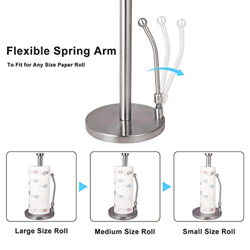 Paper Towel Holder Stand Countertop - Single-Handed Tear Paper Towel Dispenser Stainless Steel Organizer with Weighted Base Adjustable Spring Arm to Hold Paper Roll for Kitchen Bathroom