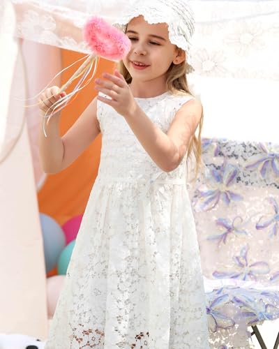 ALLOVIN Pizzo Senza Maniche a Linea A per Bambine e Toddler, Festa, Compleanno, Matrimonio e damigella con fiocco con perline, 2-12 Years