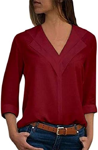 GONKOMA Womens Solid V Neck Blouse T-Shirt Chiffon Tops Fashion Plain Plus Size Tops Blouse Shirts for Ladies
