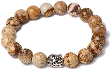 JDZ Amulets Picture Jasper 10mm Beaded Elastic Stretch Stone Bracelet Buddha Mala Energy Bracelet