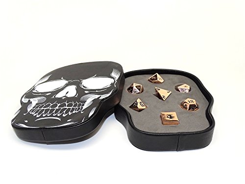 Rose Gold Metal Polyhedral Dice Set - Black Numbering - 7 Piece Collection with Skull Case