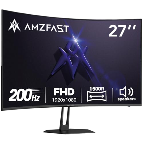Amzfast 27 inch 200Hz Curved Gaming Monitor, FHD 1080p with Built-in Speakers, FreeSync, MPRT 1ms, 130% sRGB, 3000:1, 1500R, VESA Mount, HDMI 2.0&DP 1.4, 12 Months Warranty Exchange, AMZG27C1