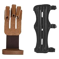 Qfauto PU Leather Archery 3 Straps Arm Guard + 3 Fingers Glove for Hunting Shooting,Durable and Lightweight