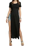 Qearl Women's Casual Side Split Maxi Long Dress Solid T Shirts Tops (M, Black)